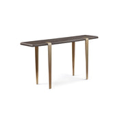 Bohne Console Table placed in an entryway, showcasing its elegant dark grey wood finish and metallic bronze base.